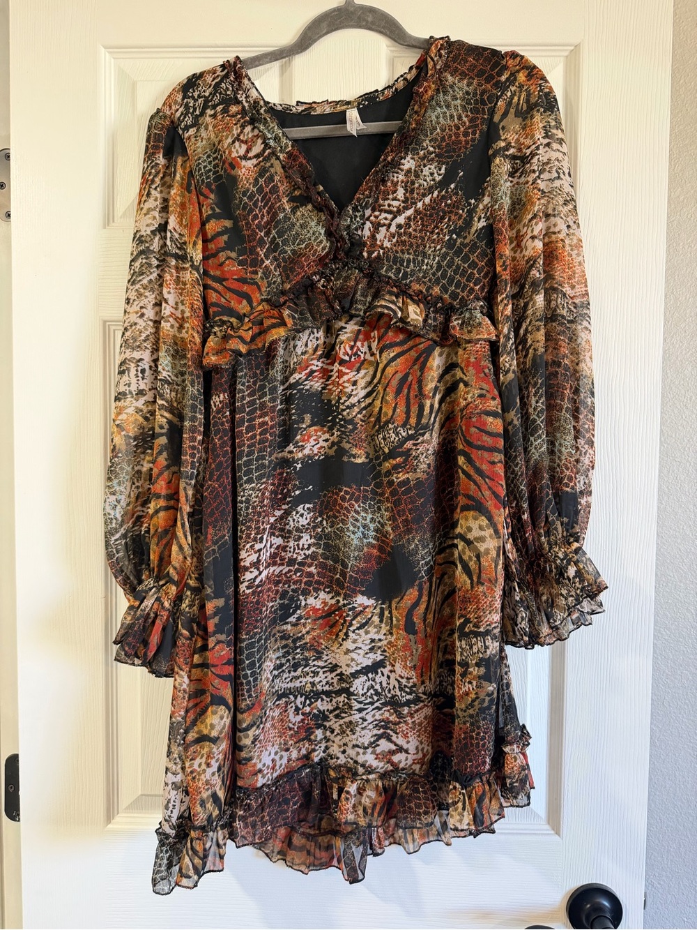 Moon Orchid Animal Print Lightweight Ruffled Long Sleeve Mini Dress